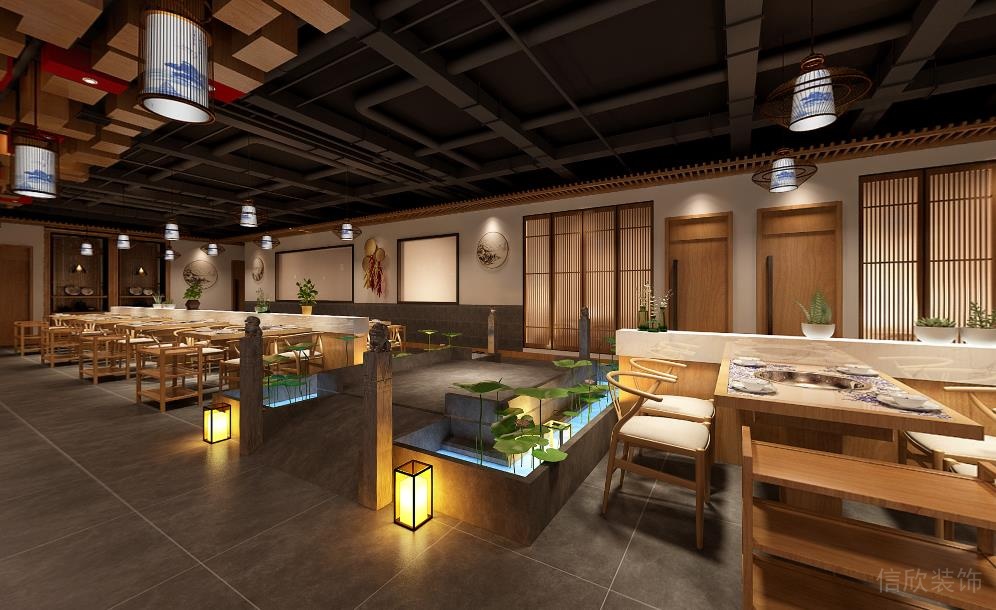田園風格火鍋店用餐區(qū)大廳裝修效果圖